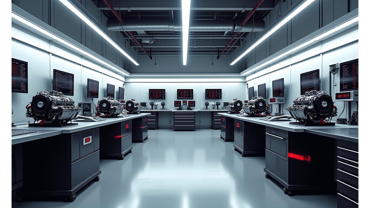 Interior of a high-performance engine tuning room with specialized equipment and various engine blocks.