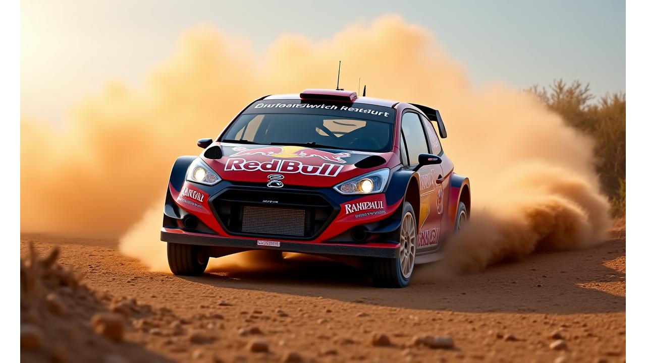 Rally car speeding through a dirt track, kicking up dust.