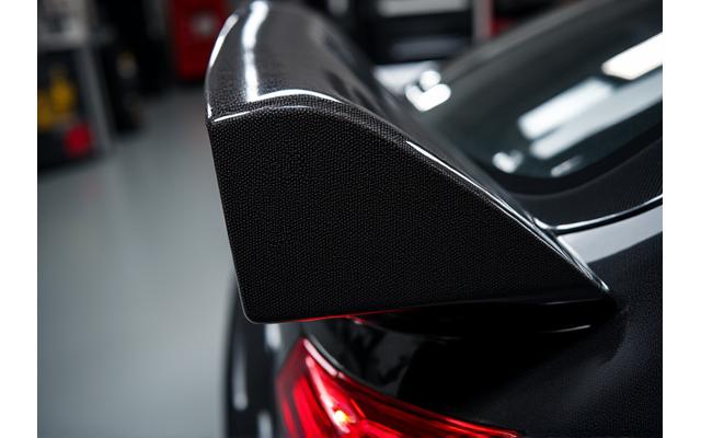 Close-up of a custom-designed carbon fiber rear wing on a rally car